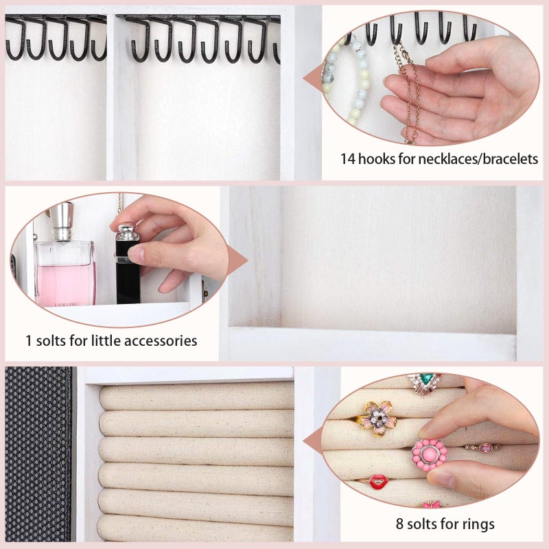 Keebofly Wall Mounted Jewelry Organizer With Rustic Wood Large Space Jewelry Cabinet, Holder, Storage Box for Necklaces, Earrings, Bracelets, Ring Holder, and Accessories White - Image 5